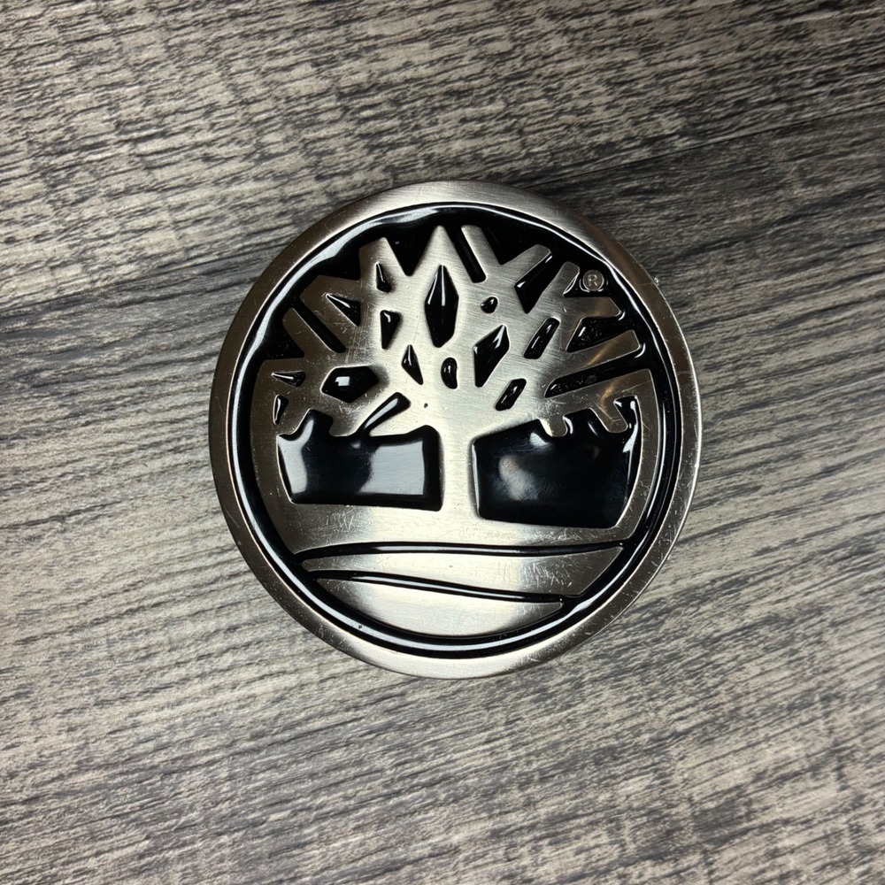 Vintage Timberland Belt Buckle Silver Black Tree Logo Round Metal Accessory